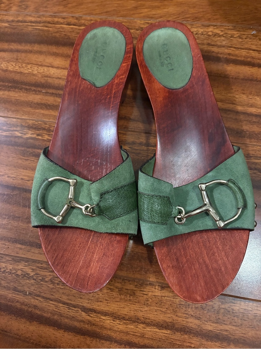 Gucci Green Leather Wood-Sole Slide Sandals